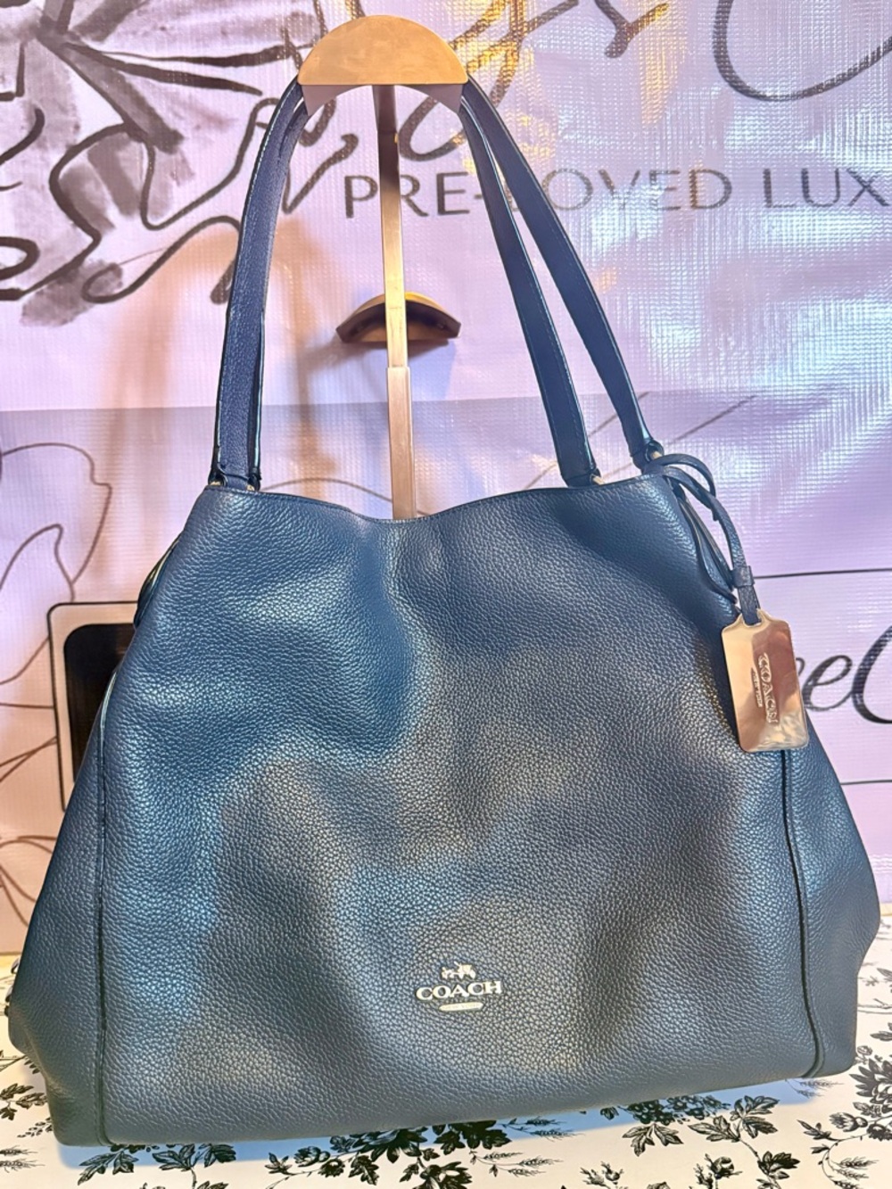 Coach Navy Blue Pebbled Leather Shoulder Tote - Picture 2 of 7